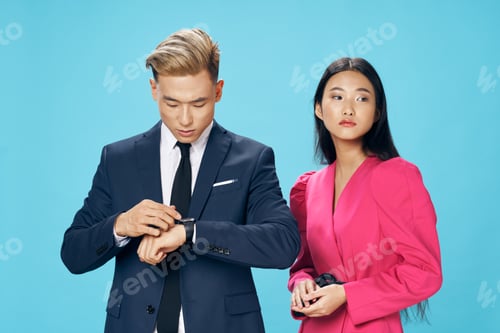 Preview: Virgo man and woman in dress on blue background finance staff