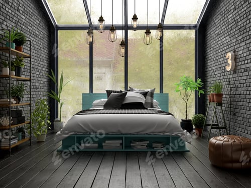 Modern Bedroom with Plants and Rain on Window