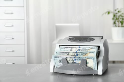 Preview: Modern bill counter with money on table indoors. Space for text