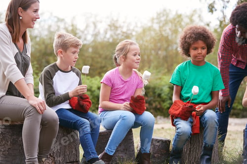 Preview: Team Leaders With Group Of Children On Outdoor Activity Trip Toasting Marshmallows Over Camp Fire