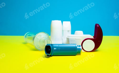 Preview: Asthma inhaler - a remedy for asthma and allergic diseases on a blue-yellow background