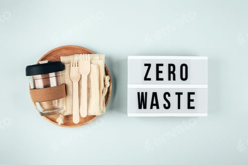 Preview: Sustainable, plastic free, zero waste concept. Eco friendly cutlery, eco bag, reusable coffee mug