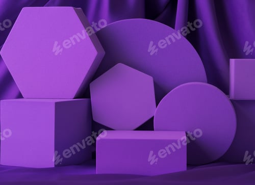 Preview: Geometric shapes purple stand podium mockup for product display on silk background