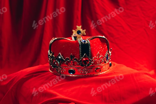 Preview: ancient golden crown with gemstones on red cloth