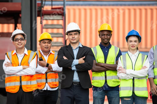 Preview: Successful logistic worker team standing at container warehouse