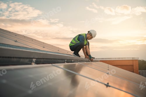 Preview: Service engineer checking solar cell on the roof for maintenance if there is a damaged part.