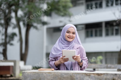 Preview: Smiling Muslim Girl Student in Hijab Holding Notebook Outdoors at University Campus, Education and