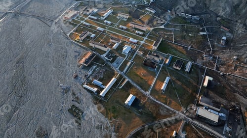 Preview: Aerial view of the abandoned settlement of Pyramiden in Svalbard during daylight