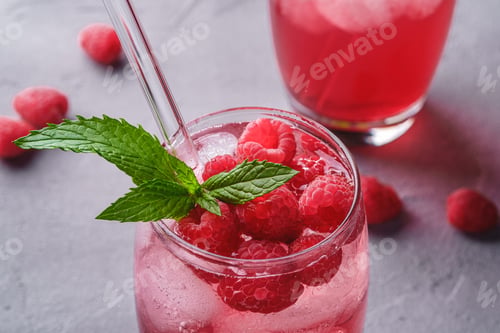 Preview: Fresh ice cold berry juice drink with mint, summer raspberry lemonade