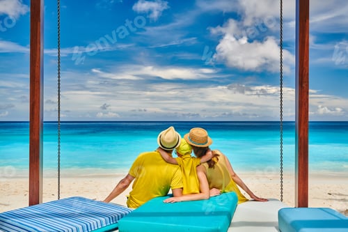 Preview: Family with three year old boy on beach. Seychelles, Mahe.