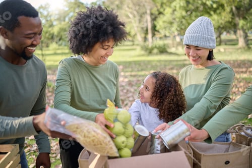 Preview: Food donation, volunteering and people with child for sustainability, poverty help and community se