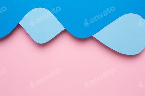 Preview: Abstract paper cut blue waves art on pink background, pastel colors