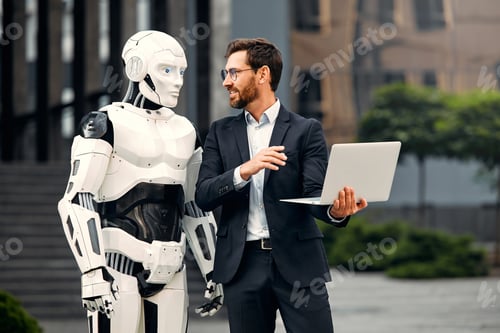 Preview: Robot with businessmen on the street near the building