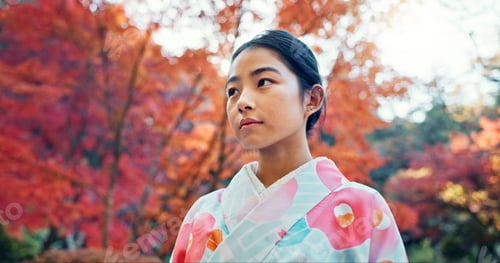 Preview: Woman in park, Asian and peace, thinking about life with reflection and tranquility in traditional