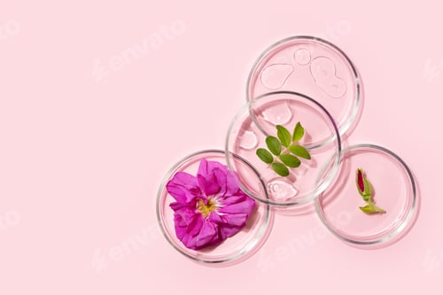 Preview: Cosmetic beauty concept with rose, rosehip flower and green leaf bottle serum, drops, petri dish