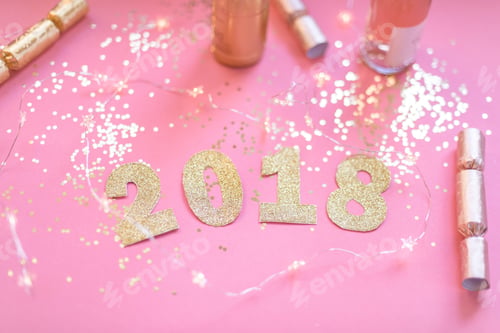 Preview: Pink and gold New Year flat lay