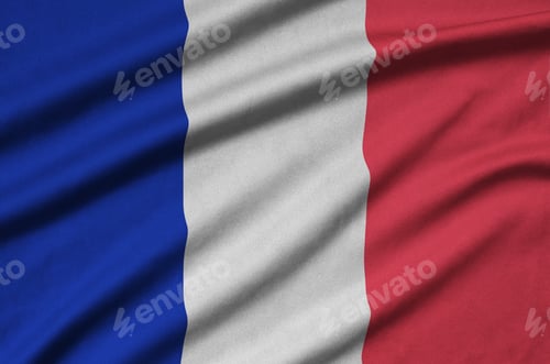 Preview: France flag is depicted on a sports cloth fabric with many folds. Sport team waving banner