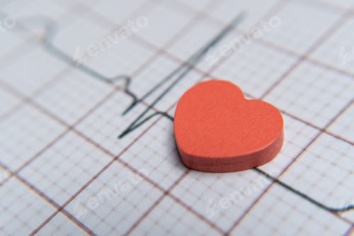 Preview: Closeup image of a red heart on a electrocardiogram (ECG) printout.