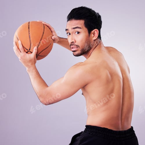 Preview: Sports, exercise and basketball with a man playing in studio on a gray background for training or a