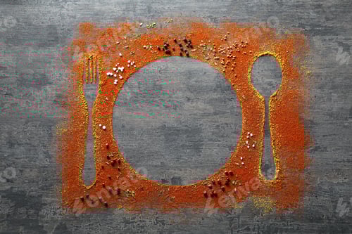 Preview: Silhouettes of cutlery and plate made by spices on grey table, flat lay. Space for text