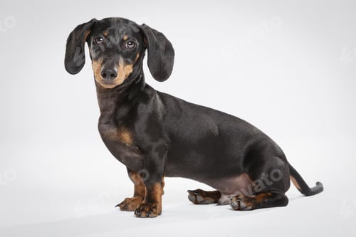 Preview: Studio portrait of an expressive Teckel dog