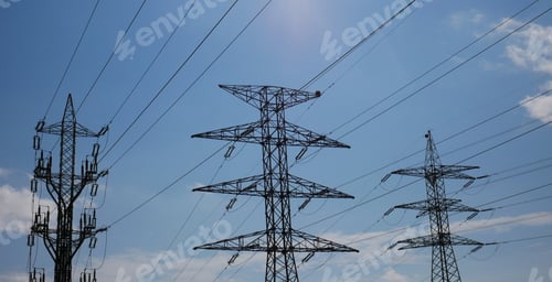 Preview: Shot of electric power transmissions on the background of heaven on a sunny day
