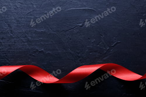 Preview: Happy Valentines Day. Red Ribbon on black stone background. Valentines Day concept