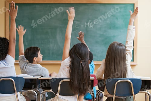 Preview: Schoolchildren with arms raised
