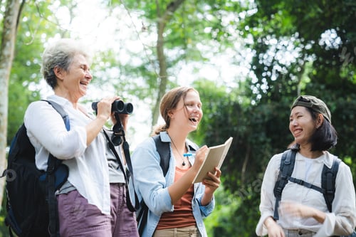 Preview: Hiking nature friendship adventure laughter women explore forest trail with journal
