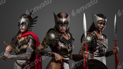 Preview: Group of brave amazons from past with spears and sword