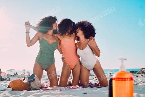 Preview: Beach friends, hug and African women happy on outdoor summer holiday for peace, freedom or friendsh