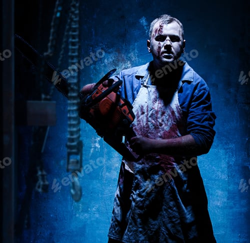 Preview: Bloody Halloween Theme: Crazy Killer As Butcher With Electric Saw