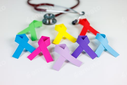 Preview: Colorful ribbons and stethoscope, cancer awareness, World cancer day