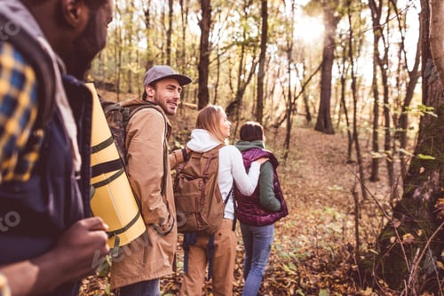 Preview: Four young backpackers walking in row in autumn forest at sunset