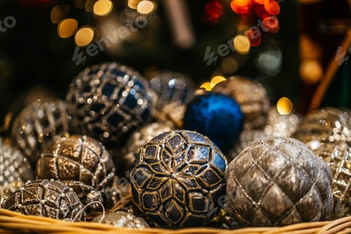 Preview: Christmas and New Year decorations on light background. Balls and toys for winter holidays