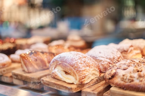 Preview: Sweets and croissants displayed in a pastry shop window