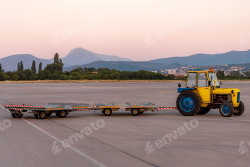 Preview: Tractor pulls trailers on an airport runway during sunset near mountains