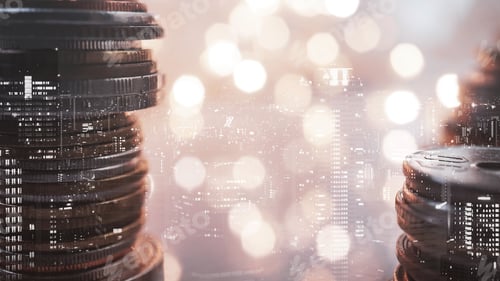 Preview: Double Exposure Of City View And Rows Of Coins For Finance , Money , Investment And Business