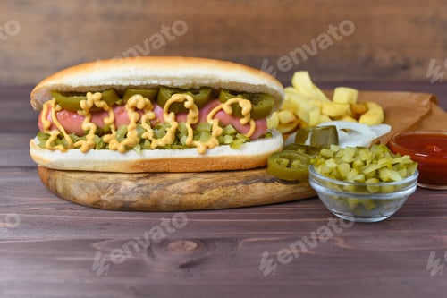 Preview: Hot dog with pickles and yellow mustard on wood background.