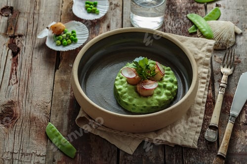 Preview: Scallops with pea puree on wooden background, rustic style