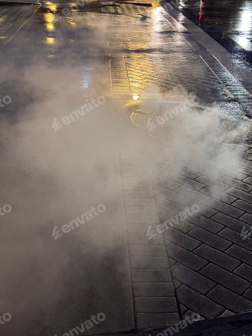 Preview: steam coming out of manhole on a wet street