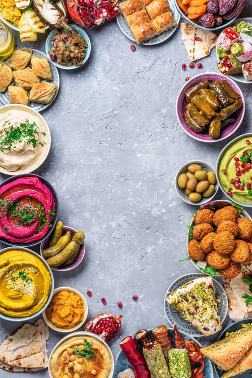 Preview: Mediterranean appetizer concept. Arabic traditional cuisine. Middle Eastern meze with pita, olives