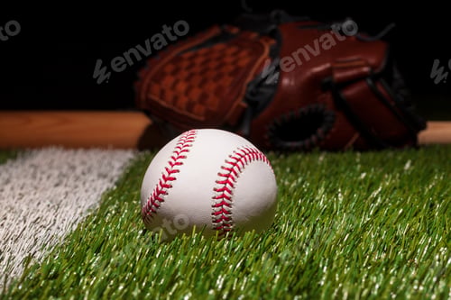 Preview: Baseball on grass field low angle close up with mitt and bat soft focus behind