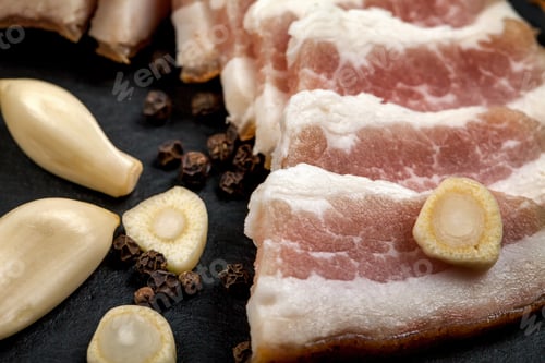 Preview: Fresh bacon with garlic and peppercorns. Ukrainian traditional cuisine
