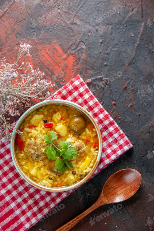 Preview: top view delicious meat soup with potatoes inside little plate on dark background dish dinner