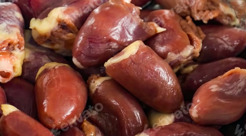 Preview: Chicken Hearts cooking, close up. Homemade shish kebab chicken for restaurant, menu, advert or packa