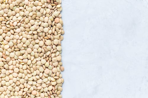 Visualização: Lentilhas verdes secas não cozidas, horizontal, espaço de cópia, vista superior