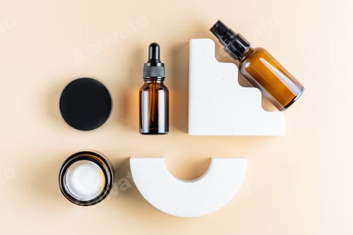 Preview: Cosmetics mockup. Set of skin care products for aging skin with collagen and peptides. Dark glass