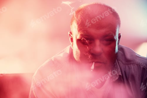Preview: Smoking Man With Beard Sitting On Couch. Lit With Blue And Red Light.