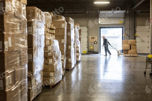 Preview: Caucasian male waehouse worker checking inventory on stacks of cardboard boxes holding products in